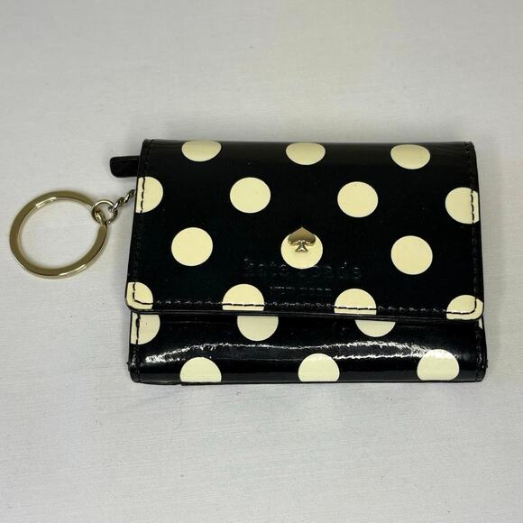 Kate Spade Patent Leather Key Chain ID Wallet Coin Purse Black White Polka Dots - Picture 1 of 9
